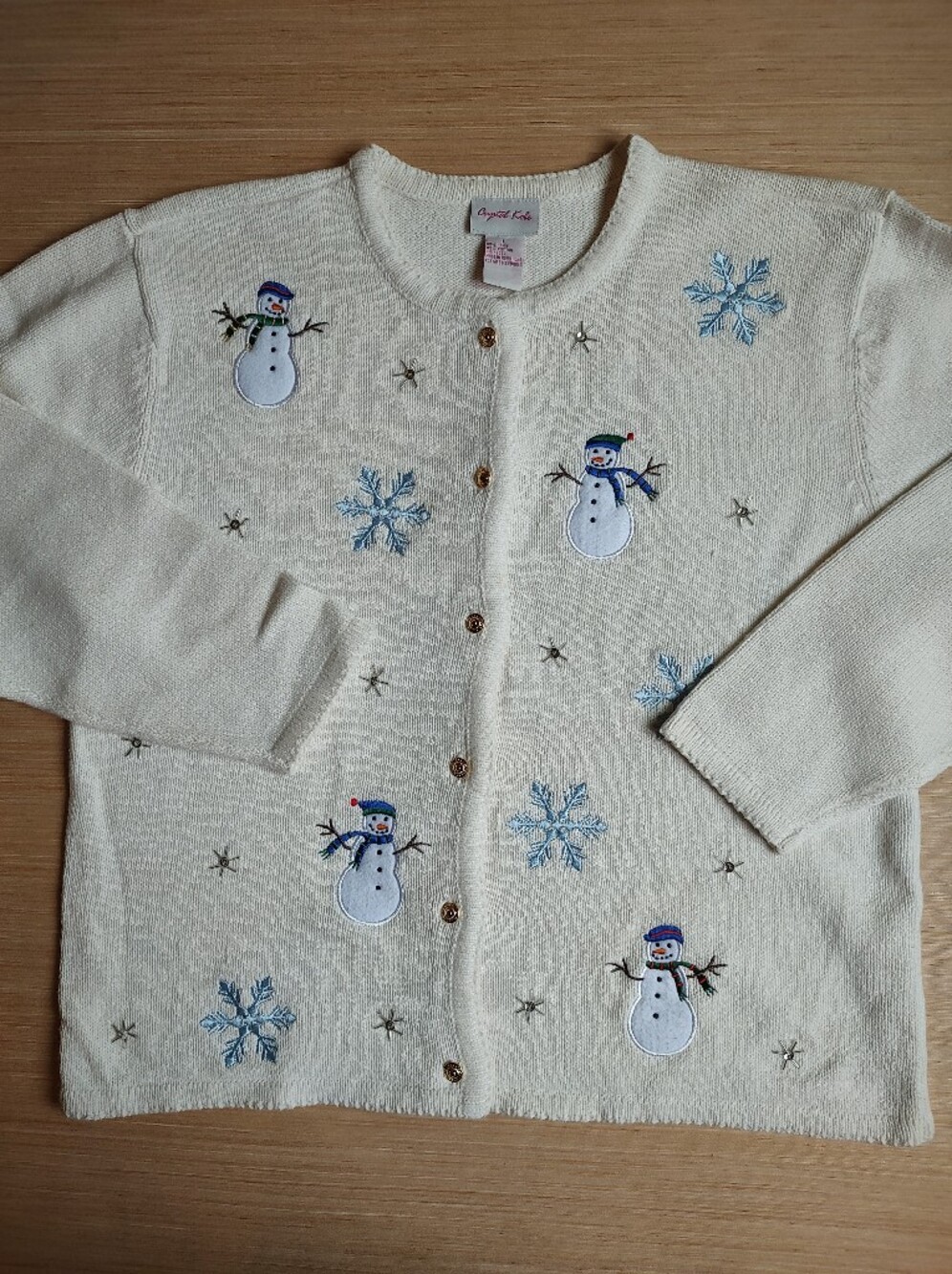 Crystal Kobe Cardigan Snowman Snowflakes White Blue Beaded Christmas Buttons L
